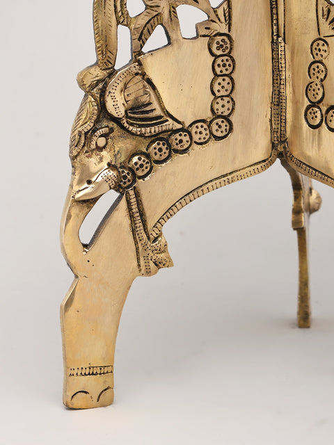 11" Elephant Design Square Shaped Brass Pedestal with Dangling Bells and Ghungroos