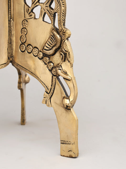 11" Elephant Design Square Shaped Brass Pedestal with Dangling Bells and Ghungroos