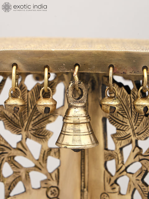11" Elephant Design Square Shaped Brass Pedestal with Dangling Bells and Ghungroos
