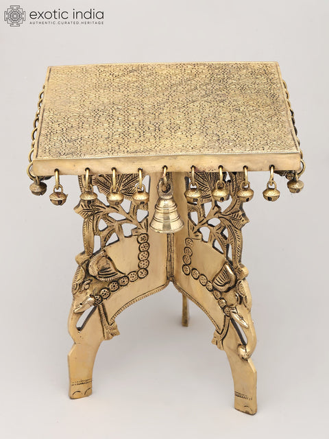 11" Elephant Design Square Shaped Brass Pedestal with Dangling Bells and Ghungroos