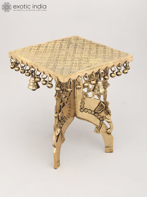 11" Elephant Design Square Shaped Brass Pedestal with Dangling Bells and Ghungroos