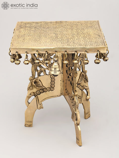 11" Elephant Design Square Shaped Brass Pedestal with Dangling Bells and Ghungroos