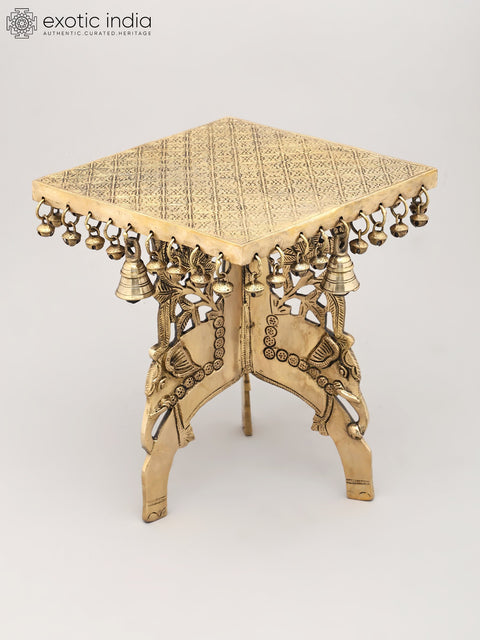 11" Elephant Design Square Shaped Brass Pedestal with Dangling Bells and Ghungroos