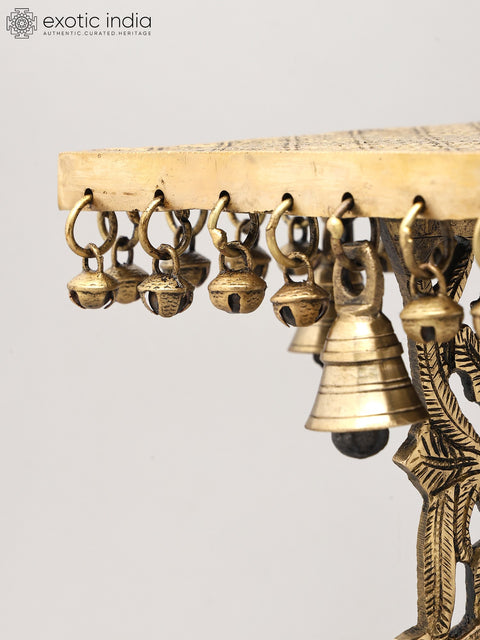 11" Elephant Design Square Shaped Brass Pedestal with Dangling Bells and Ghungroos