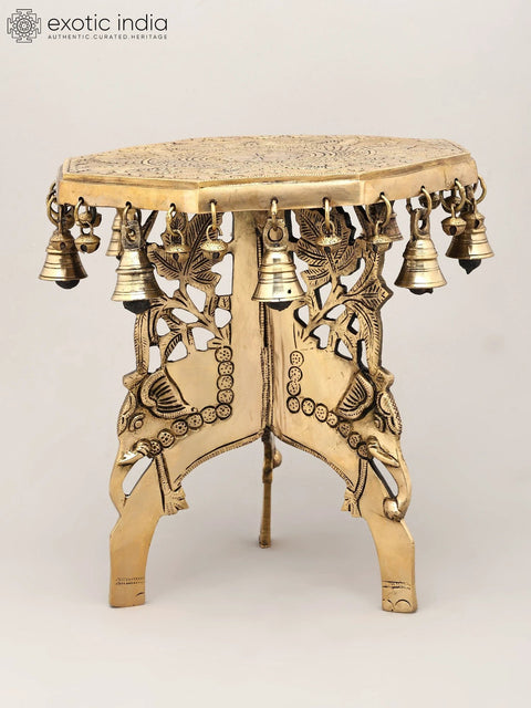 11" Octagon Shaped Elephant Design Brass Pedestal with Dangling Bells and Ghungroos