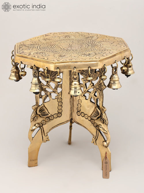 11" Octagon Elephant Brass Pedestal with Dangling Bells and Ghungroos