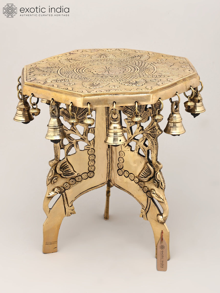11" Octagon Elephant Brass Pedestal with Dangling Bells and Ghungroos
