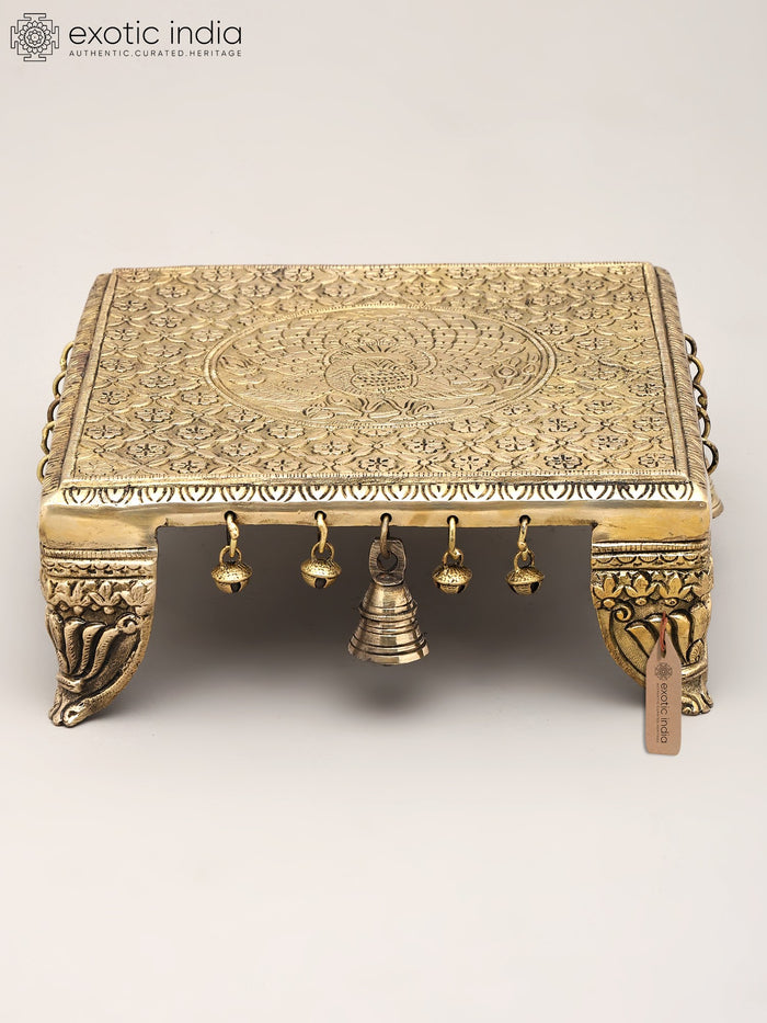 11" Brass Peacock Design Chowki Pedestal with Bells and Ghungroos