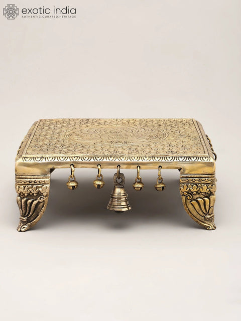 11" Square Shaped Peacock Design Brass Chowki (Pedestal) with Bells and Ghungroos