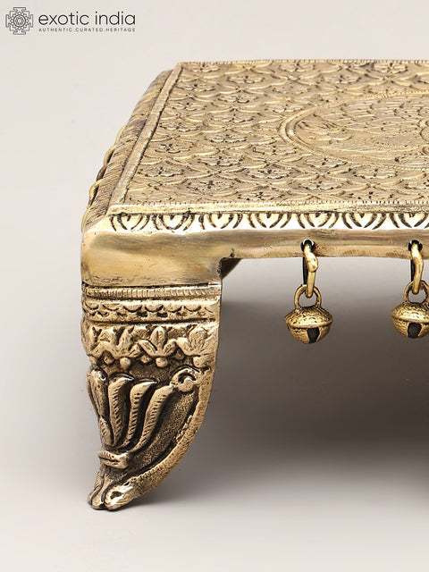11" Square Shaped Peacock Design Brass Chowki (Pedestal) with Bells and Ghungroos
