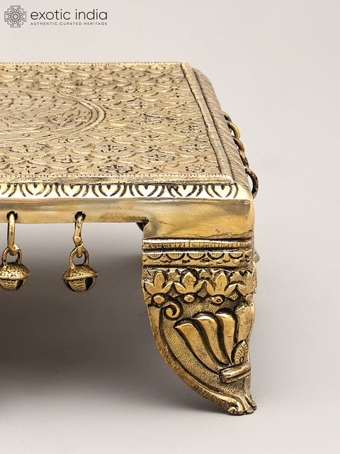 11" Square Shaped Peacock Design Brass Chowki (Pedestal) with Bells and Ghungroos