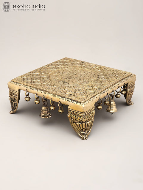 11" Square Shaped Peacock Design Brass Chowki (Pedestal) with Bells and Ghungroos