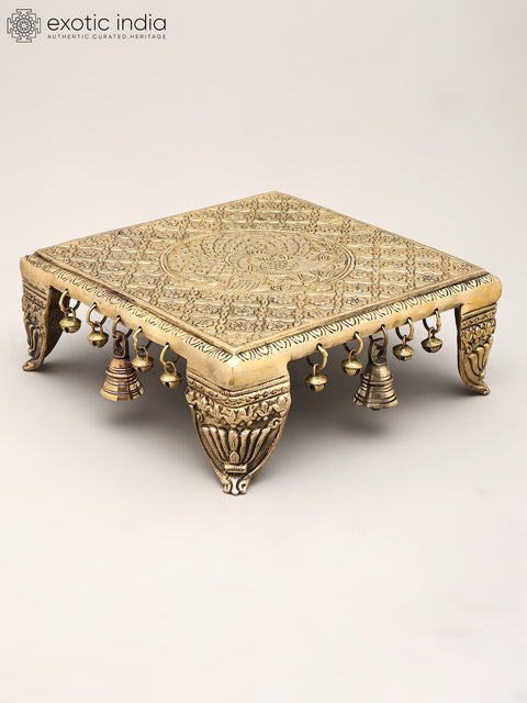 11" Square Shaped Peacock Design Brass Chowki (Pedestal) with Bells and Ghungroos