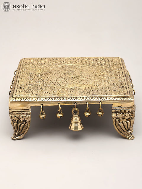11" Square Shaped Peacock Design Brass Chowki (Pedestal) with Bells and Ghungroos