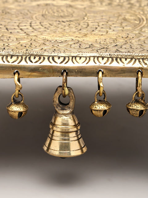 11" Square Shaped Peacock Design Brass Chowki (Pedestal) with Bells and Ghungroos