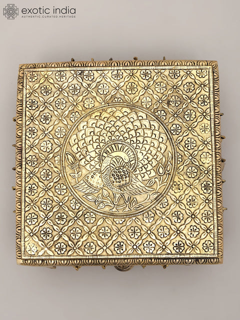 11" Square Shaped Peacock Design Brass Chowki (Pedestal) with Bells and Ghungroos