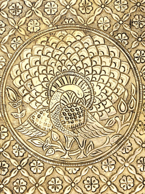 11" Square Shaped Peacock Design Brass Chowki (Pedestal) with Bells and Ghungroos