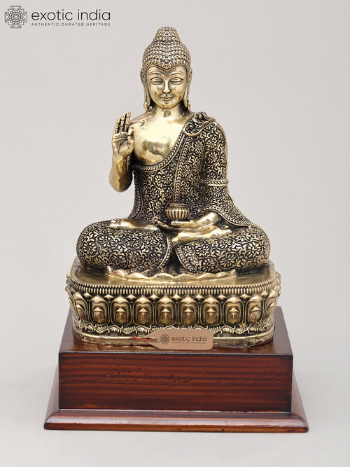 7" Brass Buddha Vitark Posture Handmade Statue with Wood Base