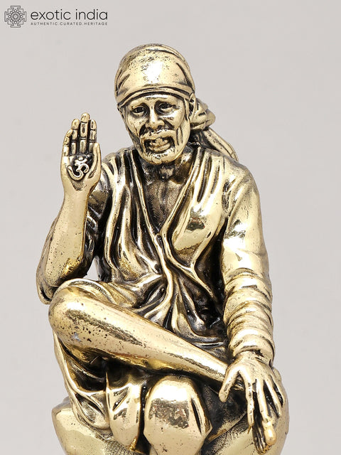 6" Superfine Idol of Saint Sai Seated on Asana with Wood Base | Brass Sculpture