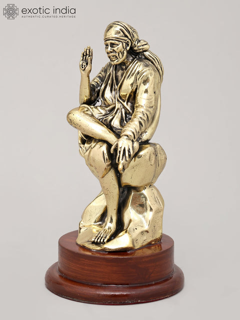 6" Superfine Idol of Saint Sai Seated on Asana with Wood Base | Brass Sculpture