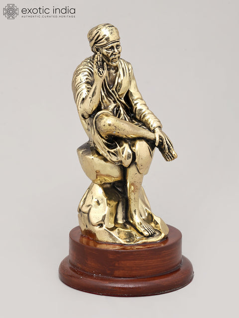 6" Superfine Idol of Saint Sai Seated on Asana with Wood Base | Brass Sculpture
