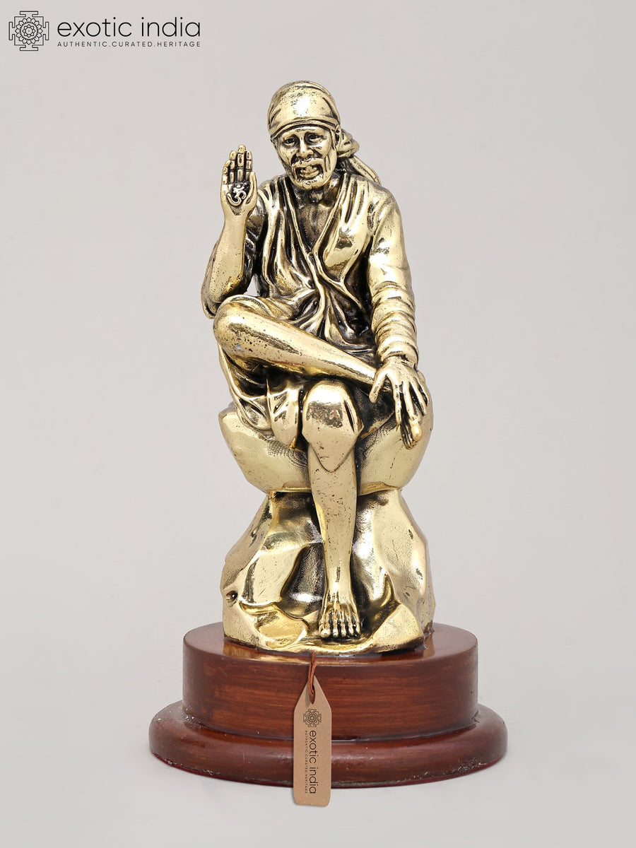 6" Handmade Brass Saint Sai Idol Seated on Asana with Wood Base