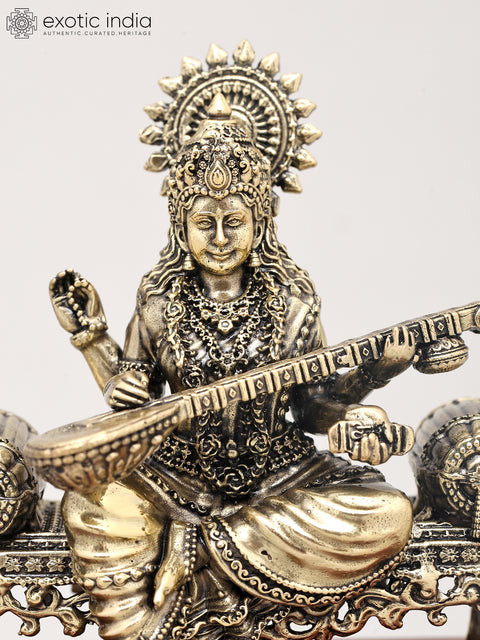 5" Small Superfine Goddess Saraswati - The Deity of Knowledge, Music, Art, and Learning with Wood Base | Brass Idol