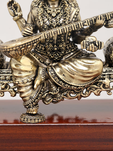 5" Small Superfine Goddess Saraswati - The Deity of Knowledge, Music, Art, and Learning with Wood Base | Brass Idol