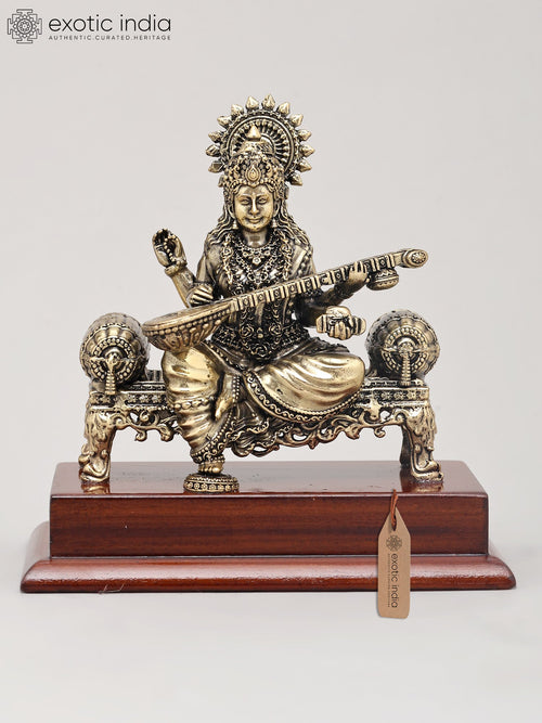 5" Superfine Goddess Saraswati Brass Idol with Wood Base for Pooja