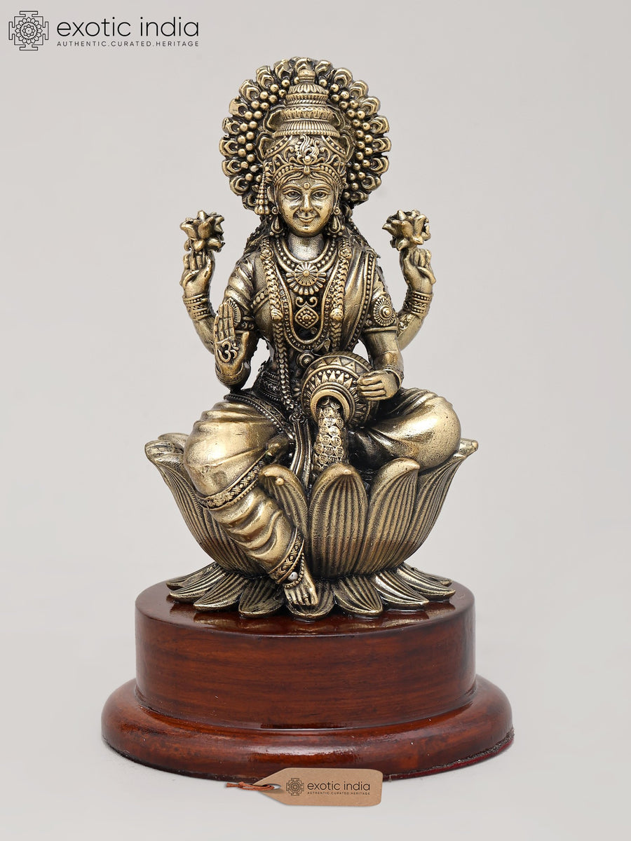 5" Superfine Brass Goddess Lakshmi Idol Seated on Lotus with Wood Base