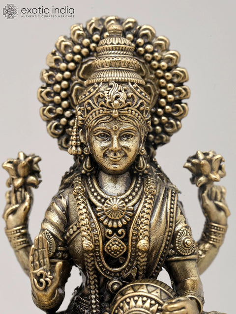 5" Small Superfine Goddess Lakshmi Idol Seated on Lotus with Wood Base | Brass Sculpture