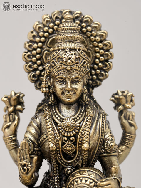 5" Small Superfine Goddess Lakshmi Idol Seated on Lotus with Wood Base | Brass Sculpture