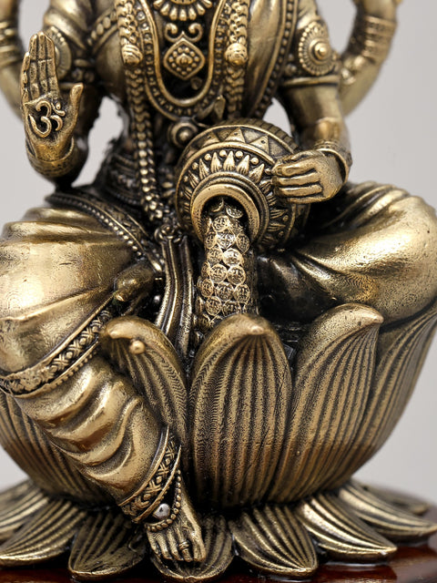 5" Small Superfine Goddess Lakshmi Idol Seated on Lotus with Wood Base | Brass Sculpture