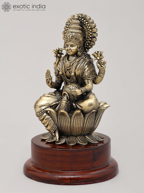 5" Small Superfine Goddess Lakshmi Idol Seated on Lotus with Wood Base | Brass Sculpture