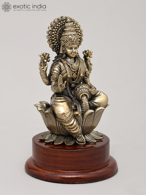 5" Small Superfine Goddess Lakshmi Idol Seated on Lotus with Wood Base | Brass Sculpture