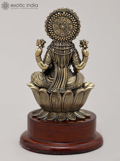 5" Small Superfine Goddess Lakshmi Idol Seated on Lotus with Wood Base | Brass Sculpture