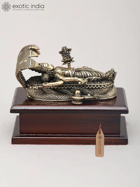 4" Small Superfine Lord Vishnu in His Anantha Shayanam Posture with Wood Base | Brass Idol