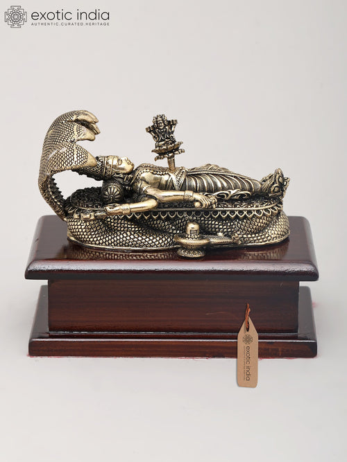 4" Lord Vishnu Anantha Shayanam Brass Idol with Wood Base