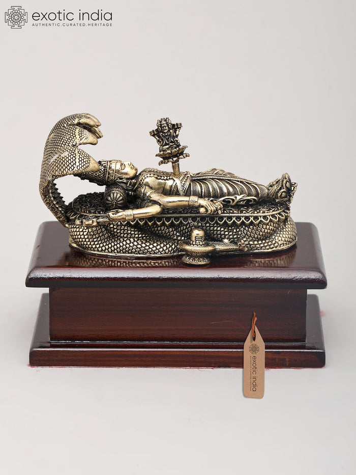 4" Lord Vishnu Anantha Shayanam Brass Idol with Wood Base