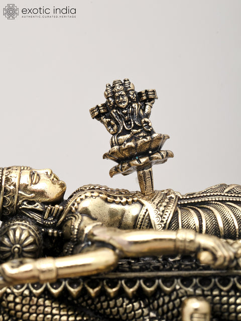 4" Small Superfine Lord Vishnu in His Anantha Shayanam Posture with Wood Base | Brass Idol