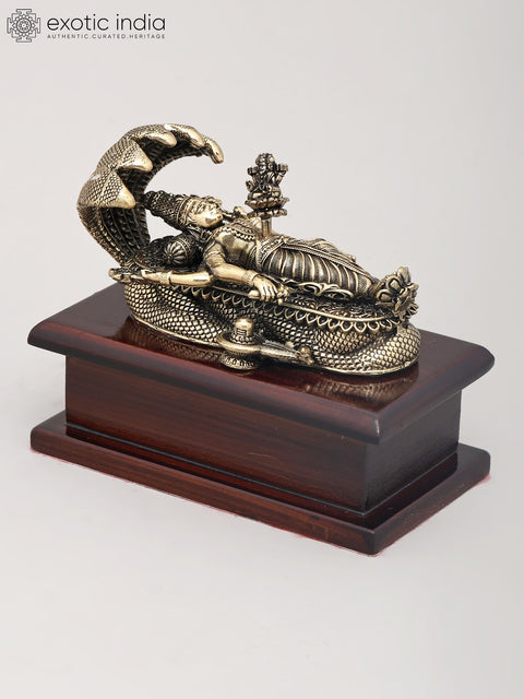 4" Small Superfine Lord Vishnu in His Anantha Shayanam Posture with Wood Base | Brass Idol