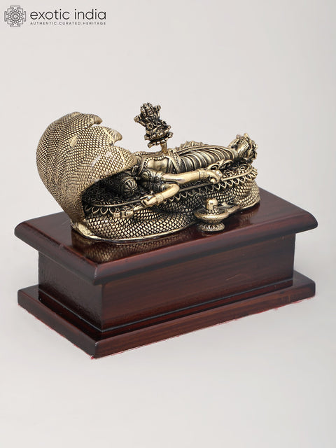 4" Small Superfine Lord Vishnu in His Anantha Shayanam Posture with Wood Base | Brass Idol