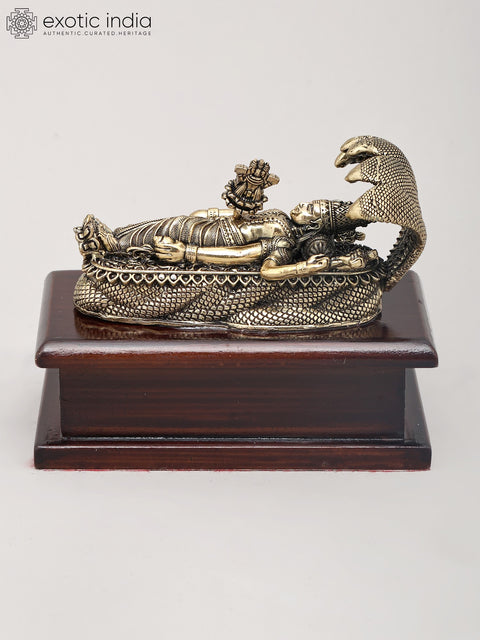 4" Small Superfine Lord Vishnu in His Anantha Shayanam Posture with Wood Base | Brass Idol