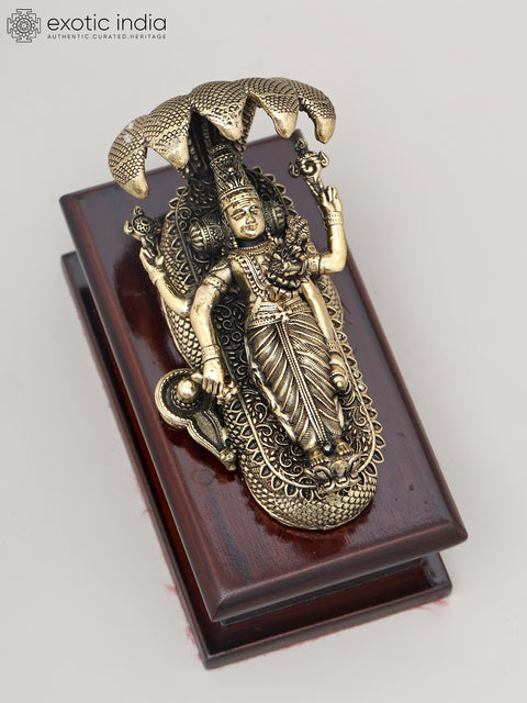 4" Small Superfine Lord Vishnu in His Anantha Shayanam Posture with Wood Base | Brass Idol