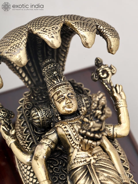 4" Small Superfine Lord Vishnu in His Anantha Shayanam Posture with Wood Base | Brass Idol