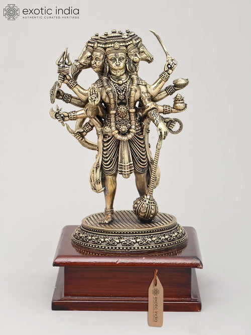 Superfine 10 Armed Panchamukhi Hanuman Brass Sculpture with Wood Base