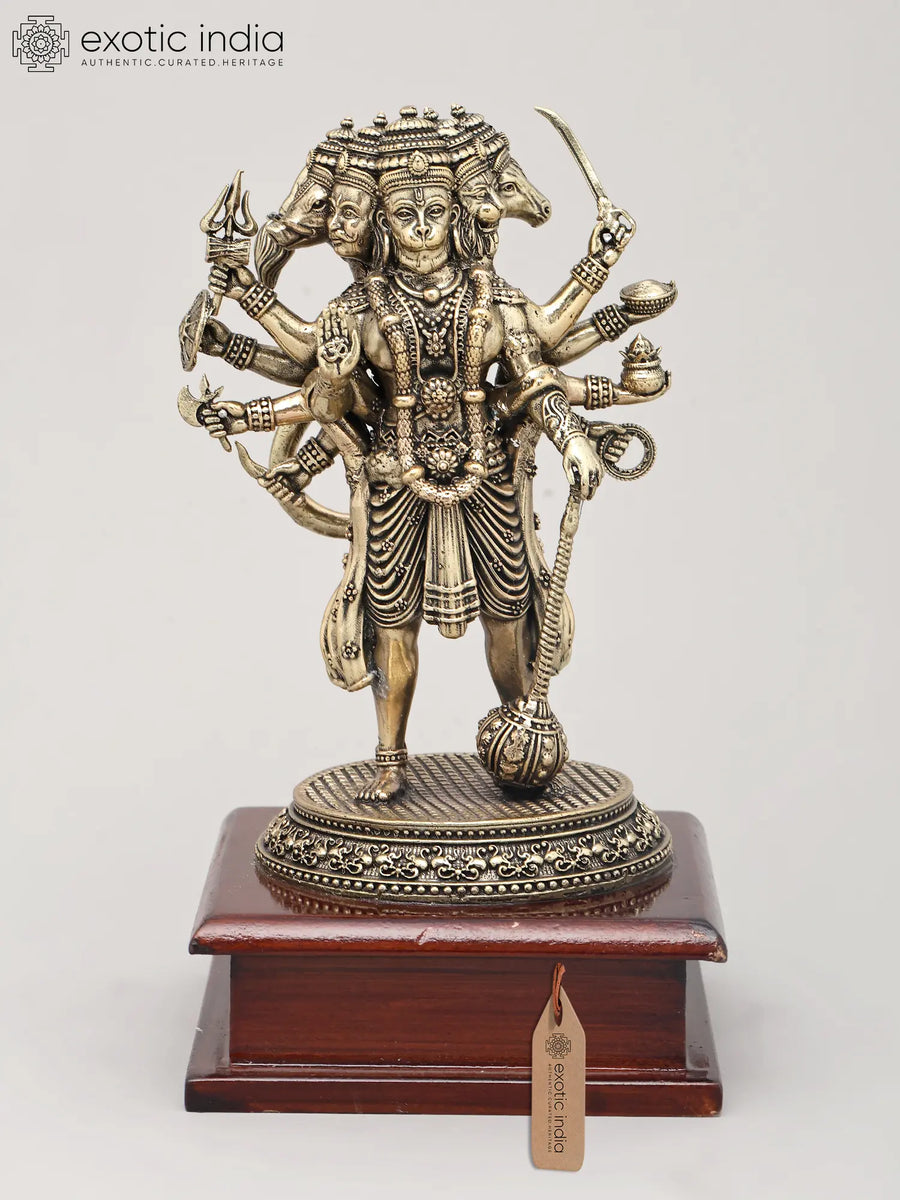Superfine 10 Armed Panchamukhi Hanuman Brass Sculpture with Wood Base