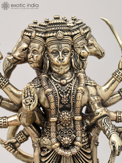 Superfine Ten Armed Panchamukhi Hanuman in Standing Gesture with Wood Base | Brass Sculpture