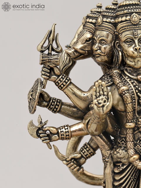 Superfine Ten Armed Panchamukhi Hanuman in Standing Gesture with Wood Base | Brass Sculpture