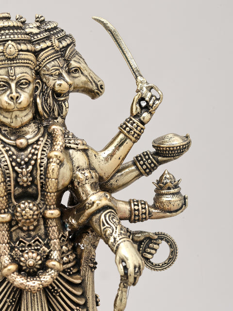 Superfine Ten Armed Panchamukhi Hanuman in Standing Gesture with Wood Base | Brass Sculpture